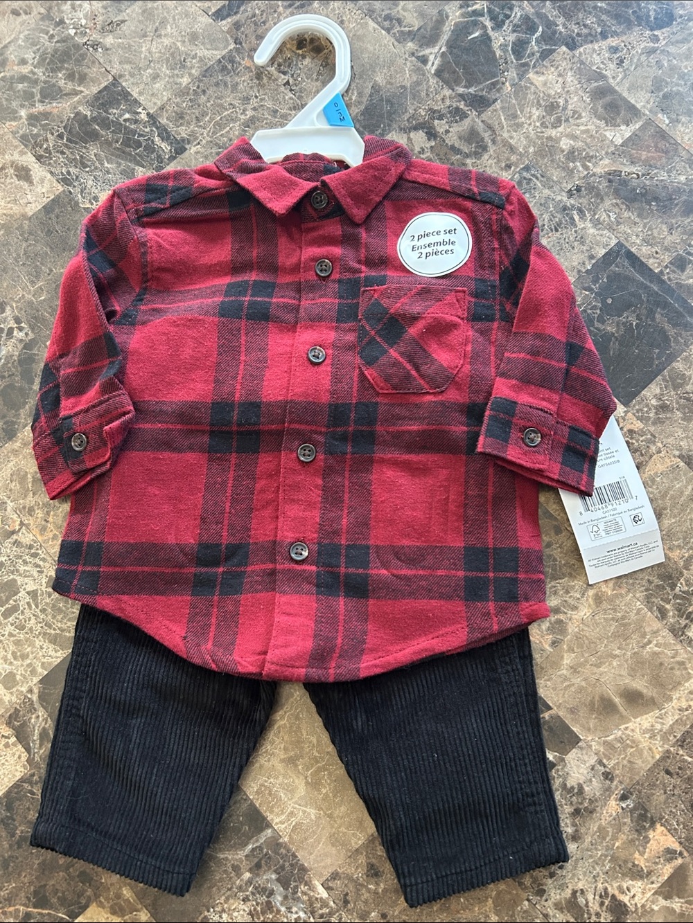 NWT 🆕 Red Plaid Button-Up Shirt and Black Corduroy Pants Set, 0-3 months